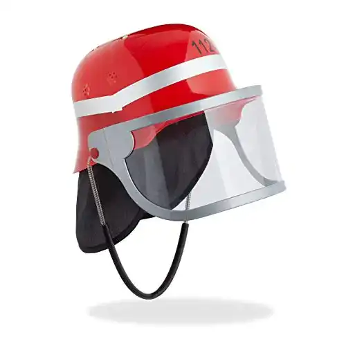 Feuerwehrhelm Relaxdays Kinder, mit Visier, Nackentuch, rot