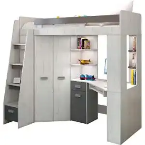 Hochbett mit Schreibtisch FurnitureByJDM, Regal u. Kleiderschrank