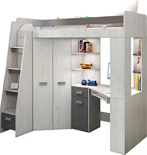 Hochbett mit Schreibtisch FurnitureByJDM, Regal u. Kleiderschrank