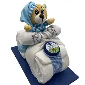 Windeltorte schenke-freude.de, Windelmotorrad blau mit Teddybär