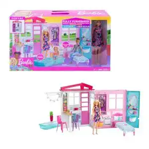 Barbie-Haus Barbie GWY84 Ferienhaus mit Puppe, Möbeln u. Pool