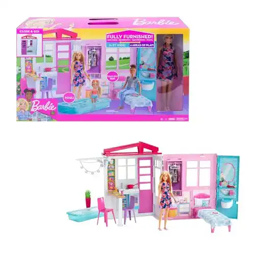Barbie-Haus Barbie GWY84 Ferienhaus mit Puppe, Möbeln u. Pool