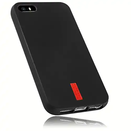 iPhone-SE-Hülle mumbi, schwarz mit rotem Streifen, 4 Zoll