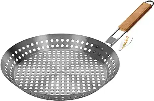 Maronipfanne matrasa, gelocht, Edelstahl, klappbarer Holzgriff