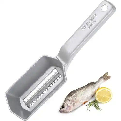 Fischentschupper Westmark mit Schuppenauffangschale, Aluminium, lebensmittelechte Spezialbeschichtung, Rostfreier Edelstahl