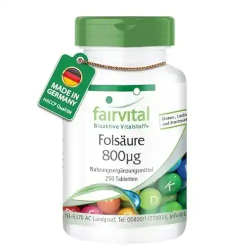Folsäure fairvital 800µg, hochdosiertes Vitamin B9, 250 Tabletten
