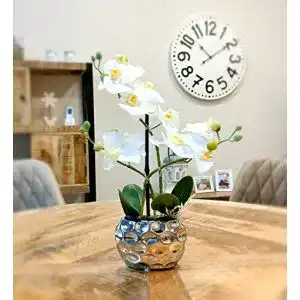 Künstliche Orchidee Decoline 33cm, Blüten weiß, Keramik Übertopf