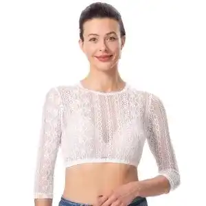 Dirndlbluse Dirndlwelle Edles Damen Weiß Spitze 3/4 Ärmel