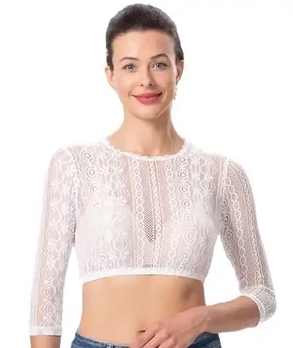 Dirndlbluse Dirndlwelle Edles Damen Weiß Spitze 3/4 Ärmel