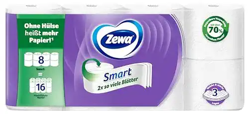 Toilettenpapier Zewa Smart trocken, 3 lagig ohne Hülse, 8 Stück