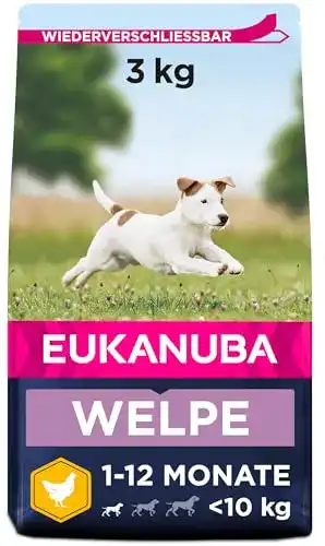 Welpenfutter Eukanuba mit frischem Huhn für kleine Rassen, 3 kg