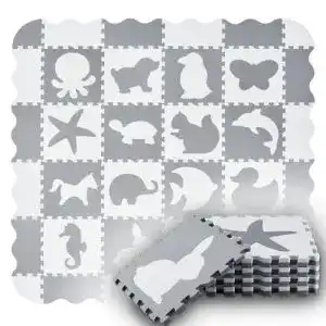 Puzzlematte Juskys Kinder Timon 36 Teile mit 16 Tieren in grau weiß