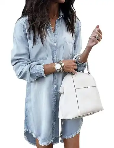 Jeanskleid Zilcremo V-Ausschnitt Blusenkleid Langarm Knopf