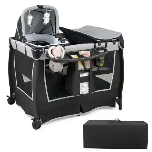 Baby-Reisebett COSTWAY 4 in 1 klappbares Reisebett, Wickeltisch