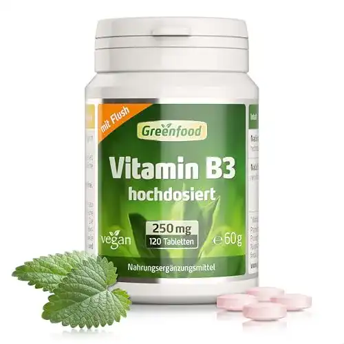 Vitamin B3 Greenfood (Niacin), 250 mg, hochdosiert, 180 Tabletten