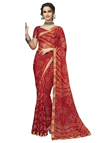 Sari SIRIL Damen Bandhani bedruckt & Spitze Chiffon Saree