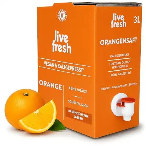 Orangensaft LiveFresh Frisch & Kaltgepresster 3 Liter Box | 100%