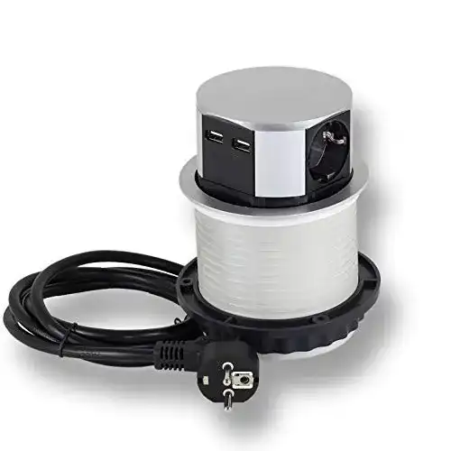 Versenkbare Steckdose Vorex, 3x Schuko, 2x USB, 1,4m Kabel