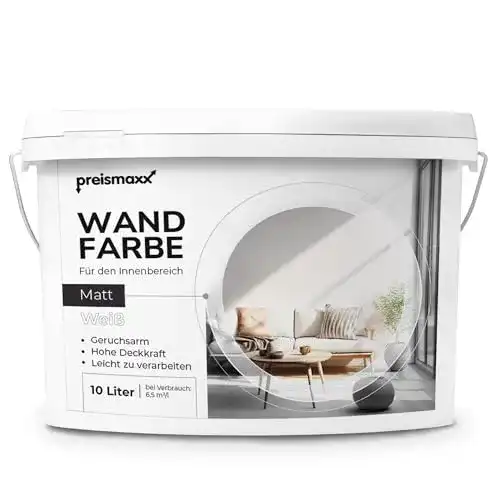Wandfarbe Preismaxx , weiß, gute Deckkraft Klasse 2, matt, 10 Liter
