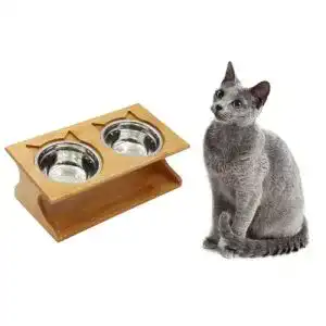 Katzennapf Petsoigné Set Keramik und Edelstahl mit Holz
