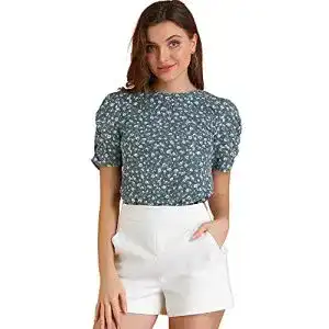 Bluse Allegra K Damen Kurzarm Rundhals Floral Blumen Blau M