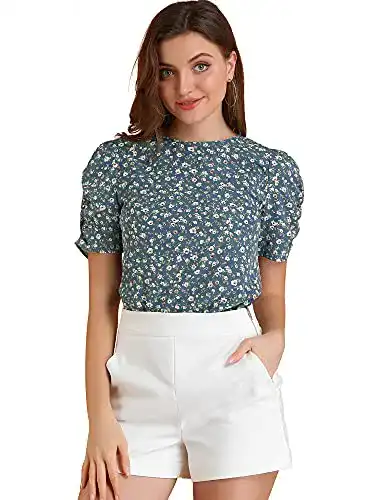 Bluse Allegra K Damen Kurzarm Rundhals Floral Blumen Blau M