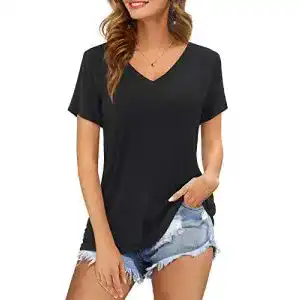 Schwarzes T-Shirt Florboom Tshirt Damen Kurzarm V Ausschnitt