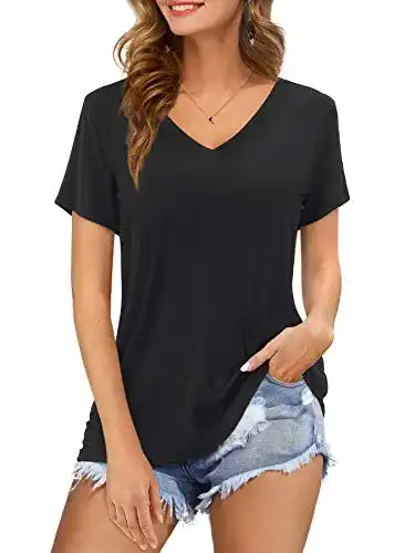 Schwarzes T-Shirt Florboom Tshirt Damen Kurzarm V Ausschnitt