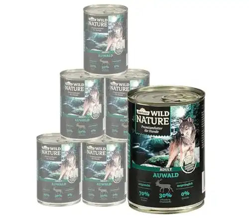 Nassfutter Hund getreidefrei Dehner Wild Nature, Auwald, 6x400g