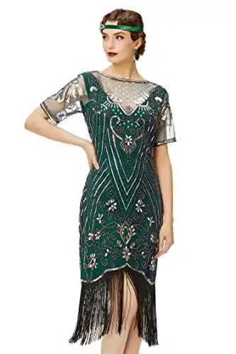 Cocktailkleid Coucoland 1920s Kleid Kurz Fransen Ärmel Rund