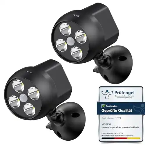 Bewegungsmelder Batterie NICREW LED Drahtlos, 600 lm 4-LED