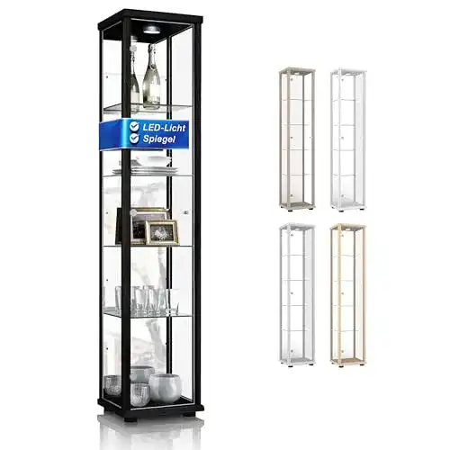 Vitrine K-Möbel Glas in Schwarz, 176x37x33 cm, beleuchtet