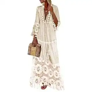 Boho-Kleid Minetom Langes Kleid Damen 3/4 Ärmel Floral