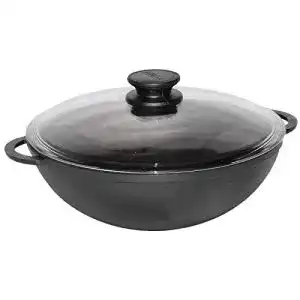 Wok Gusseisen BIOL Gusseisen Wok Kasan mit Glasdeckel 28 cm