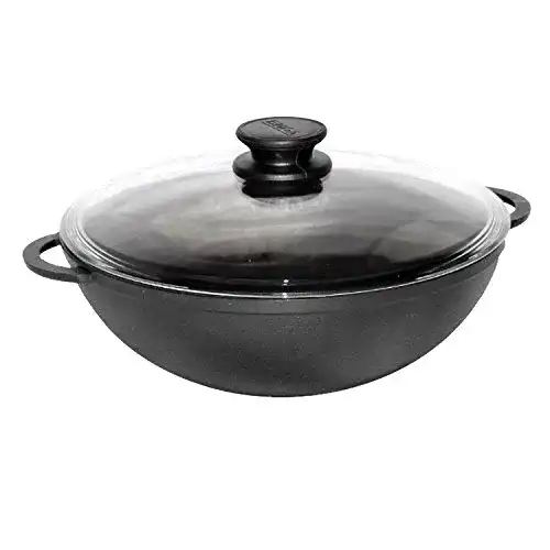 Wok Gusseisen BIOL Wok Pfanne aus Gusseisen mit Glasdeckel