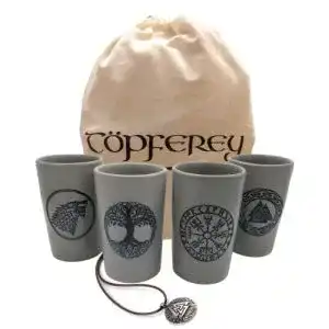 Tonbecher Töpferey Becher Set Wikinger mit Gravur, Mittelalter