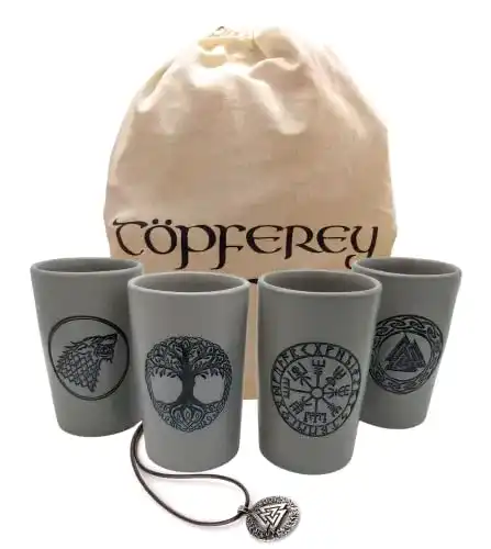 Tonbecher Töpferey Becher Set Wikinger mit Gravur, Mittelalter