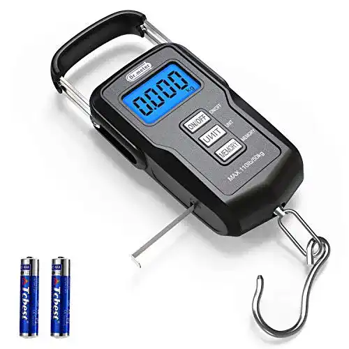 Fischwaage Dr.meter Fishing Scale, 110lb / 50kg Digitale Hängewaage mit hintergrundbeleuchtetem LCD Display, Maßband und 2 AAA Batterien