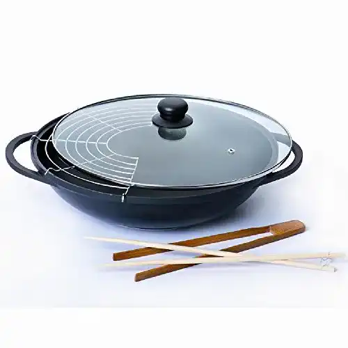 Wok Krüger Aluguss Leipzig mit Glasdeckel u. Zubehör, Ø 36 cm