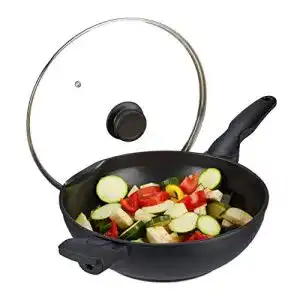 Wok mit Deckel Relaxdays Wok Pfanne mit Glasdeckel 30 cm, Griffe
