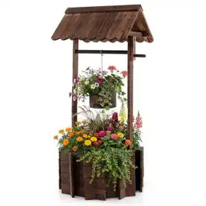 Holzbrunnen COSTWAY mit Dach Wunschbrunnen 56x56x114cm