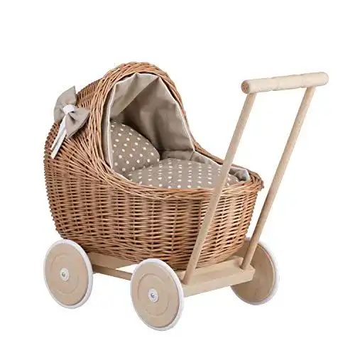Lauflern-Puppenwagen e-wicker24 Weide mit Bettwäsche