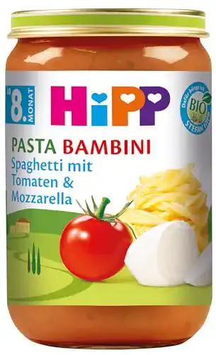 Babynahrung HiPP Pasta Bambini, Spaghetti Tomaten u. Mozzarella