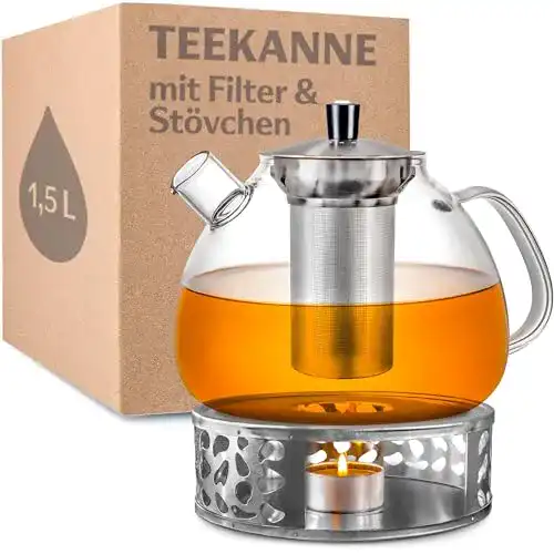 Teekanne Glas Cosumy 1500ml mit Stövchen Set in Geschenkbox