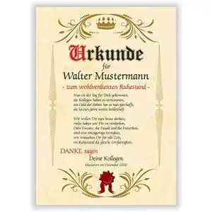 Urkunde Druck-Geschenk Ruhestand persönliches Geschenk