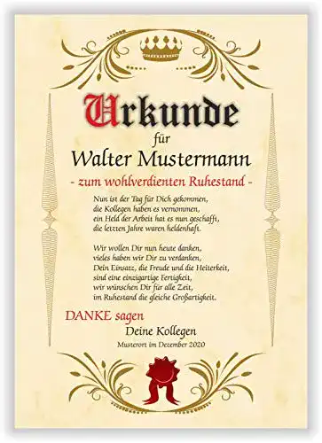 Urkunde Druck-Geschenk Ruhestand persönliches Geschenk