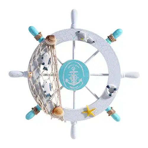 Steuerrad WINOMO aus Holz Maritime Deko mit Fischnetz