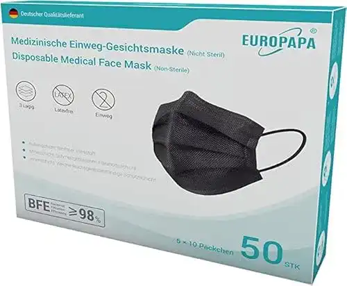 Atemschutz EUROPAPA ® 50x Schwarz Medizinisch Type IIR