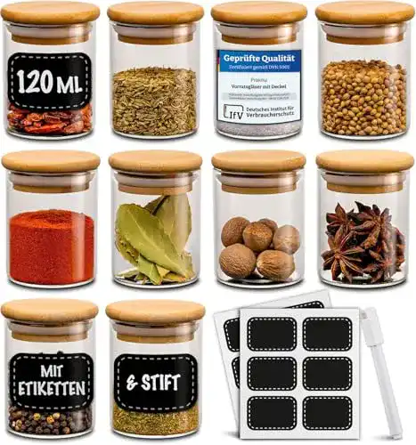 Gewürzgläser Praknu Set, 10 Glas Dosen mit 10 Etiketten, 120ml