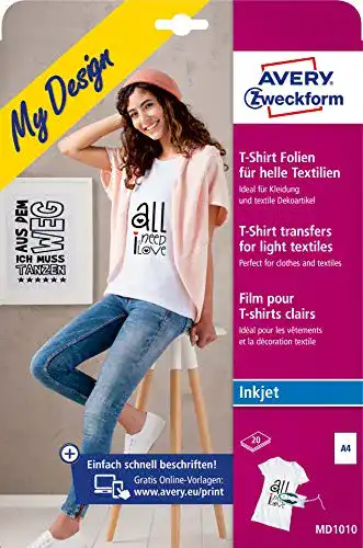 Transferpapier AVERY Zweckform 20 Textilfolien (für helle Textilien